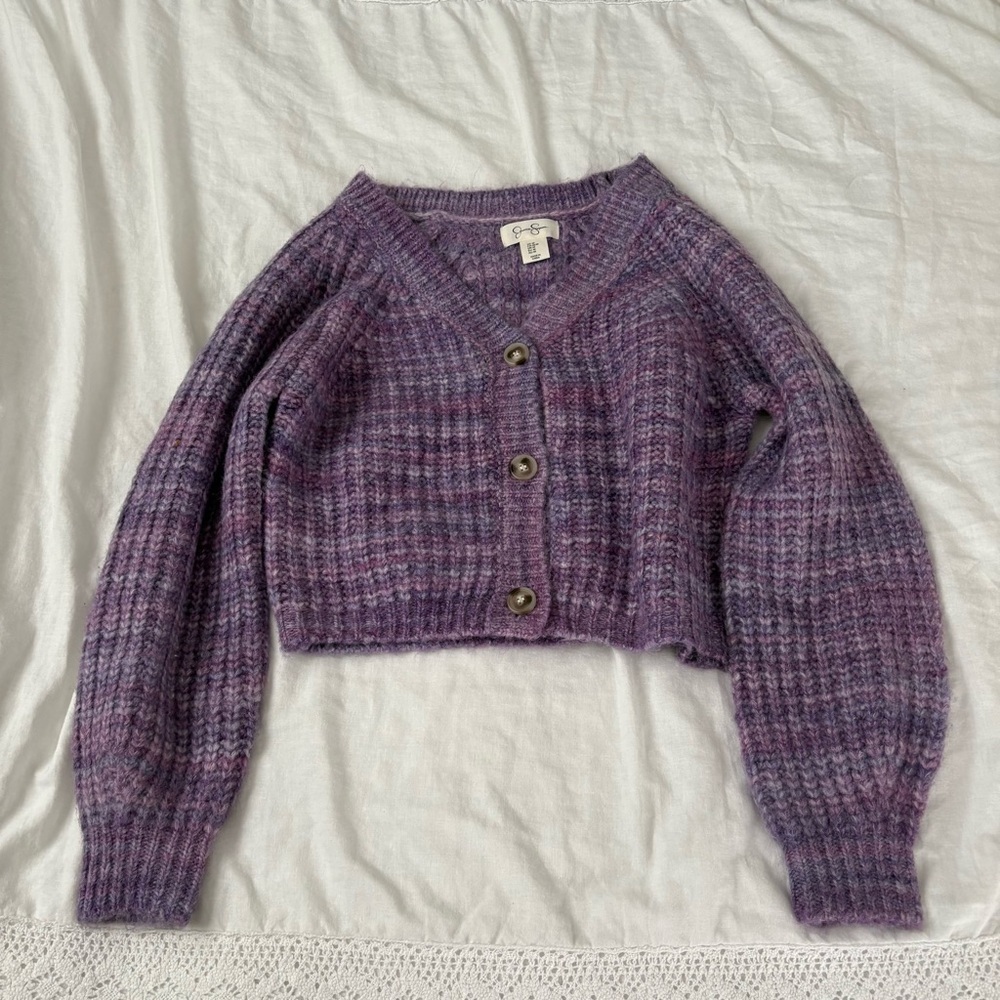 Jessica Simpson MEDIUM Wool Blend Cropped Button Up Cardigan Sweater purple